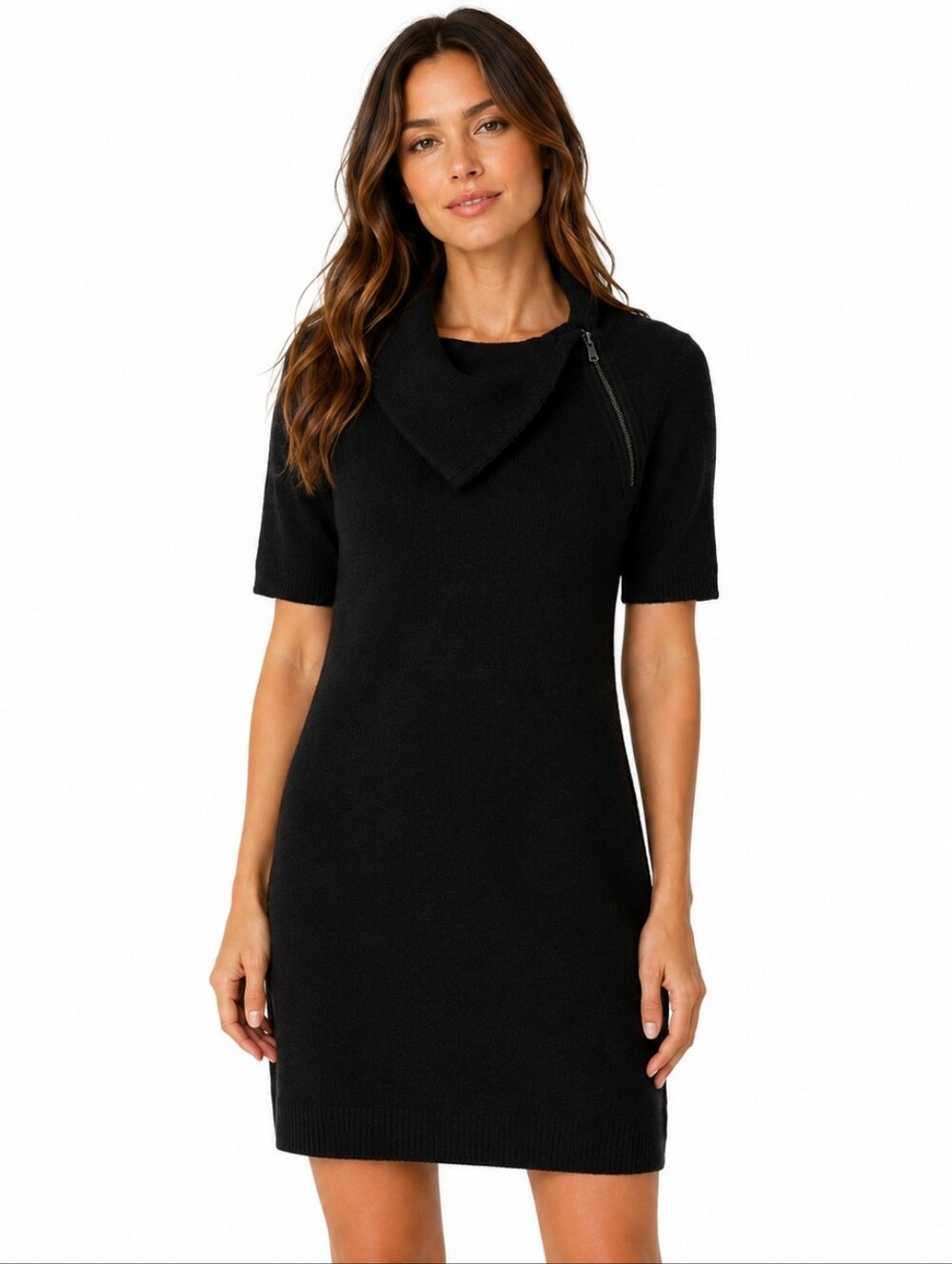 Calvin Klein Knit Sweater Dress XS Black Bodycon Zip Cowl Neck Casual Goth